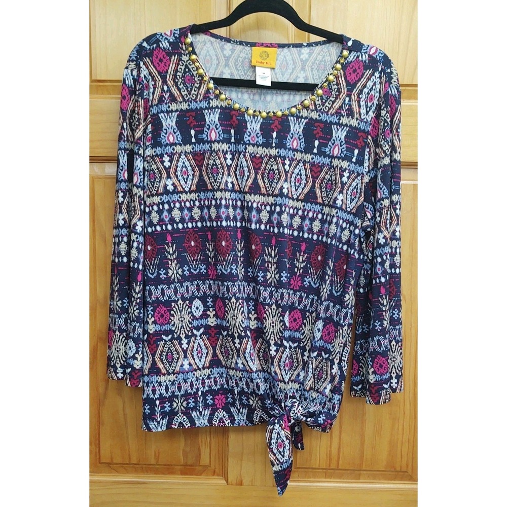 Ruby Rd Size M Tie Front Top Stretch Knit Casual Bell Hem on Sleeves